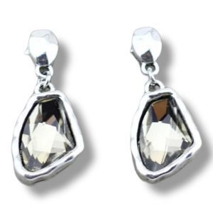 SilverTone Hammered Free Form Gray Crystal Drop Dangle Earrings